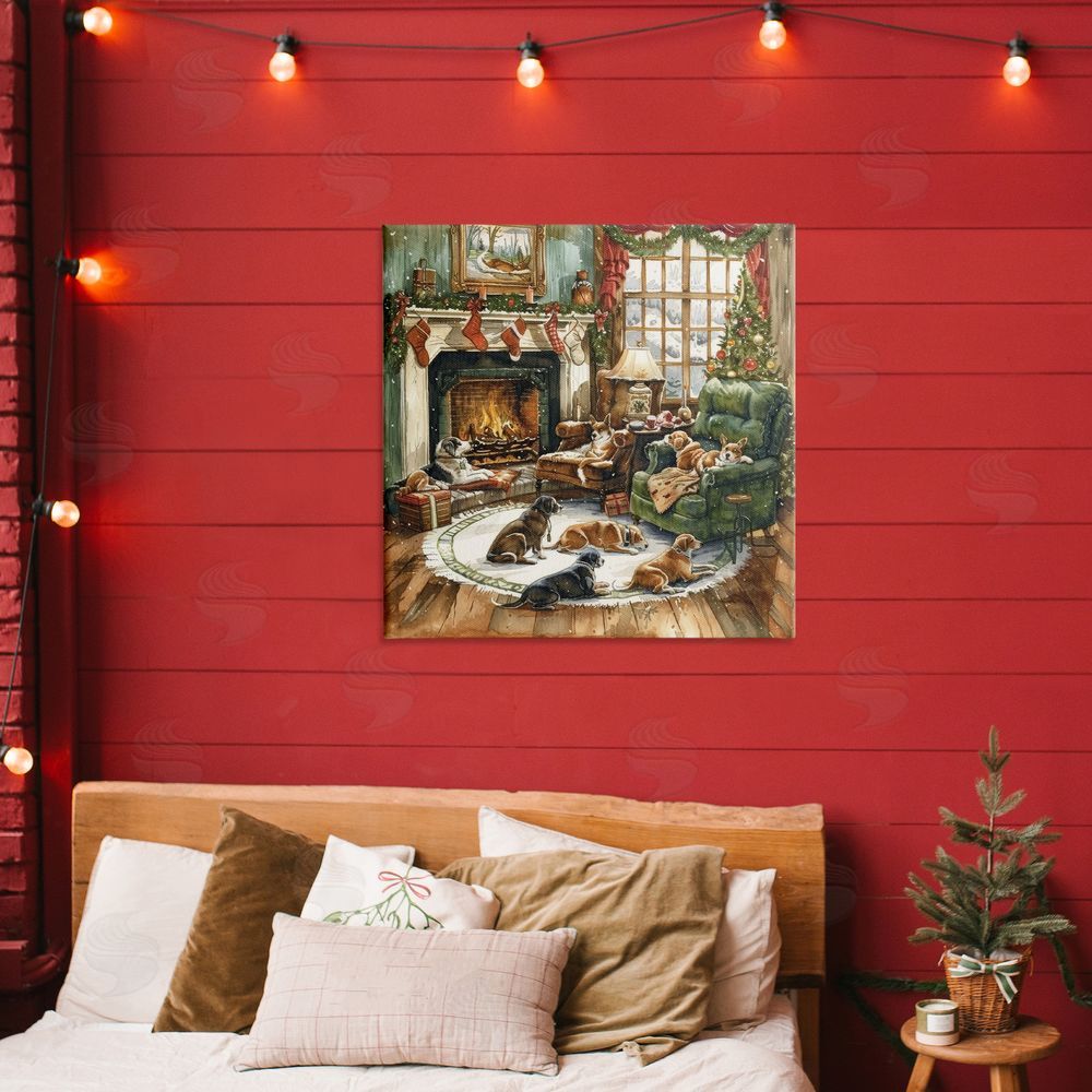 LSR Design Studio Dogs Around Christmas Fireplace Canvas Art on Wall