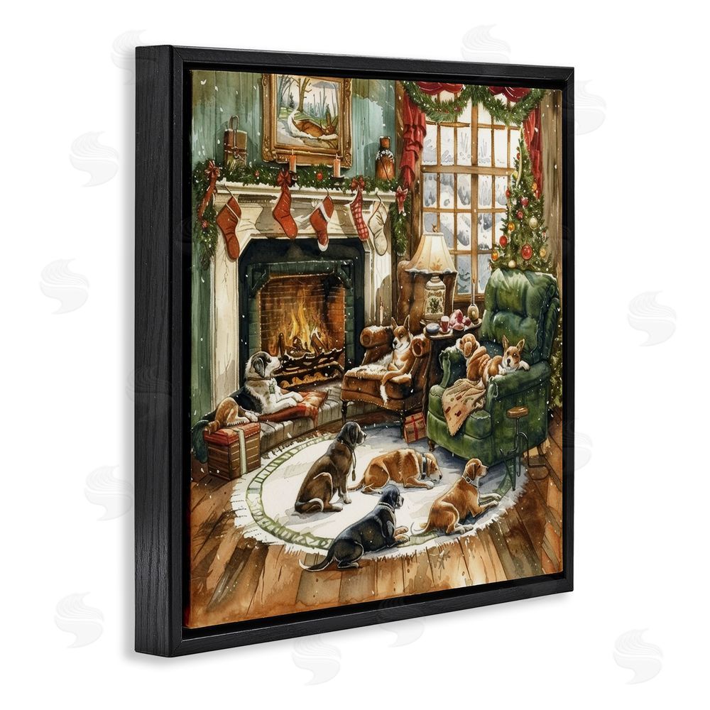 LSR Design Studio Dogs Around Christmas Fireplace Black Floating Frame Canvas Wall Art Print