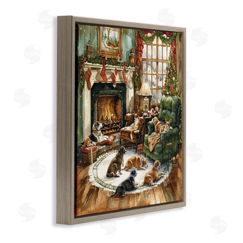 LSR Design Studio Dogs Around Christmas Fireplace Brown Floating Frame Canvas Wall Art Print