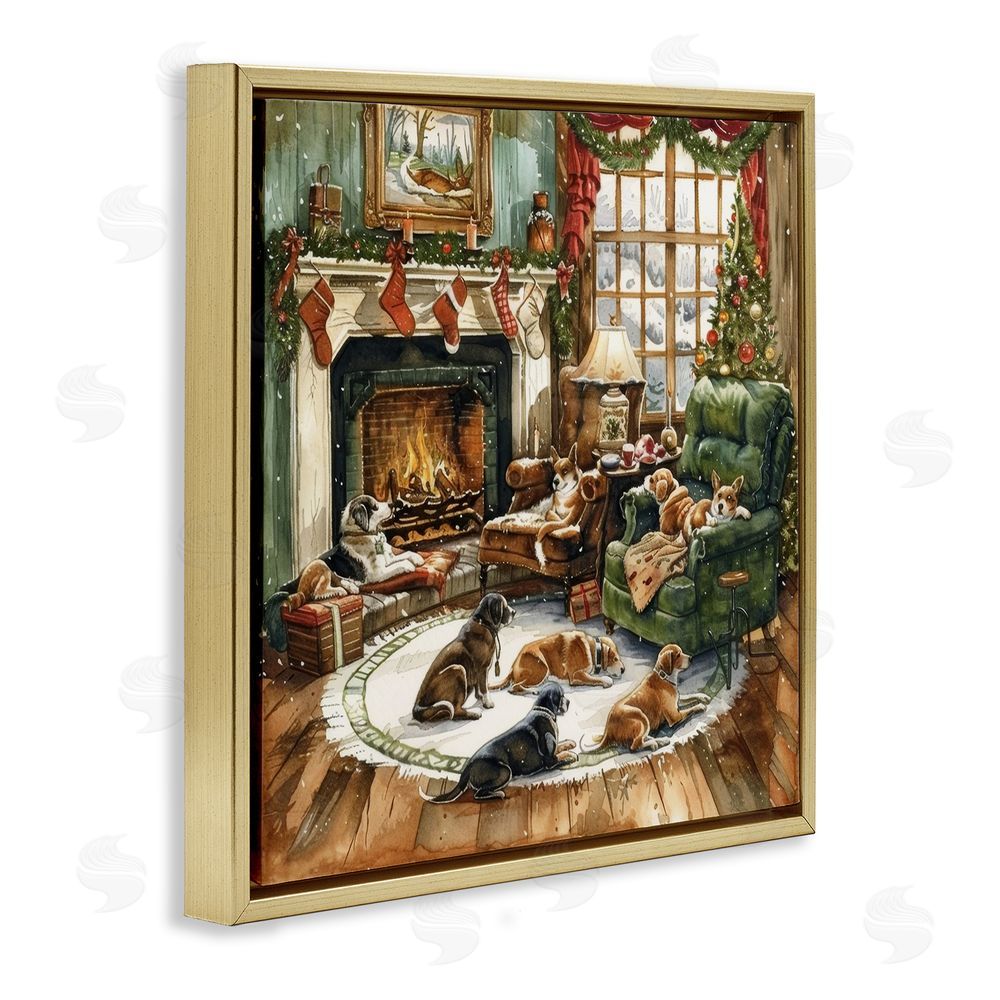 LSR Design Studio Dogs Around Christmas Fireplace Gold Floating Frame Canvas Wall Art Print