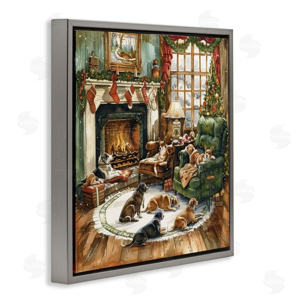 LSR Design Studio Dogs Around Christmas Fireplace Gray Floating Frame Canvas Wall Art Print