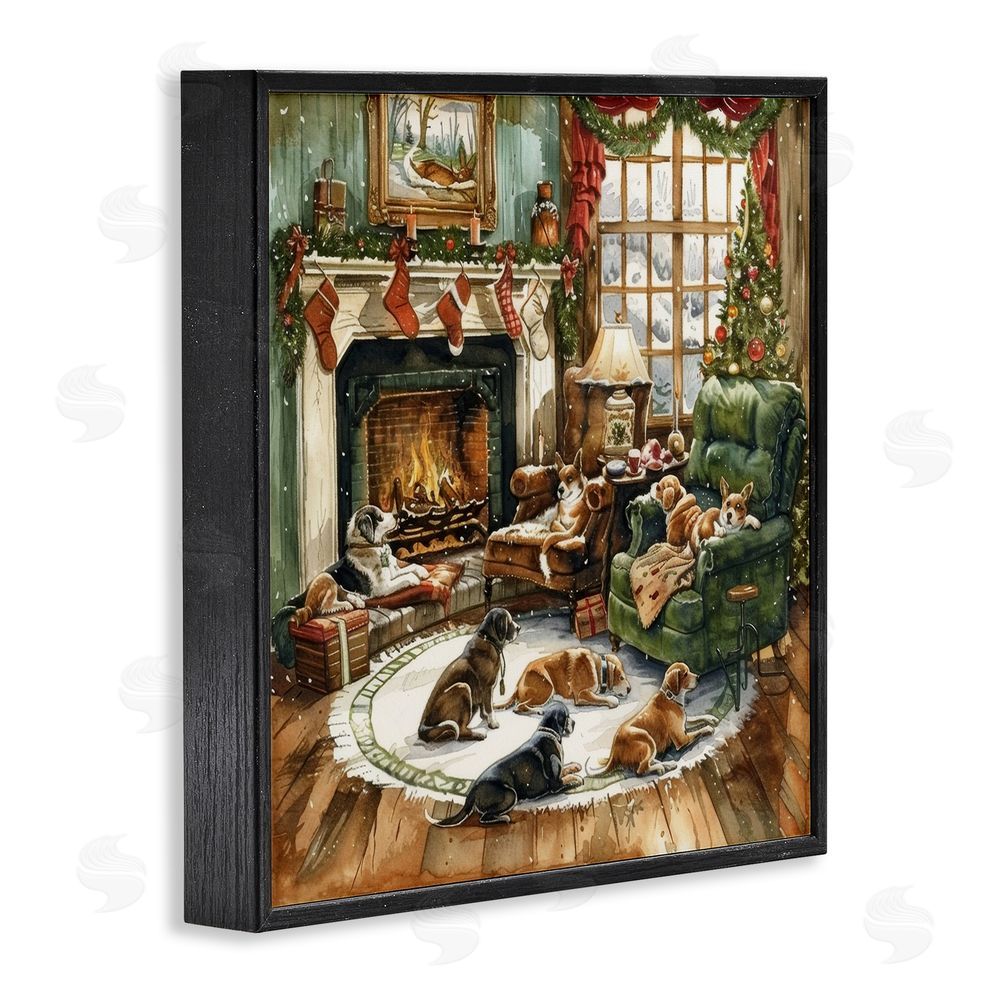 LSR Design Studio Dogs Around Christmas Fireplace Black Framed Giclee Wall Art Print