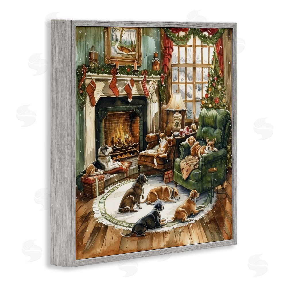 LSR Design Studio Dogs Around Christmas Fireplace Gray Framed Giclee Wall Art Print