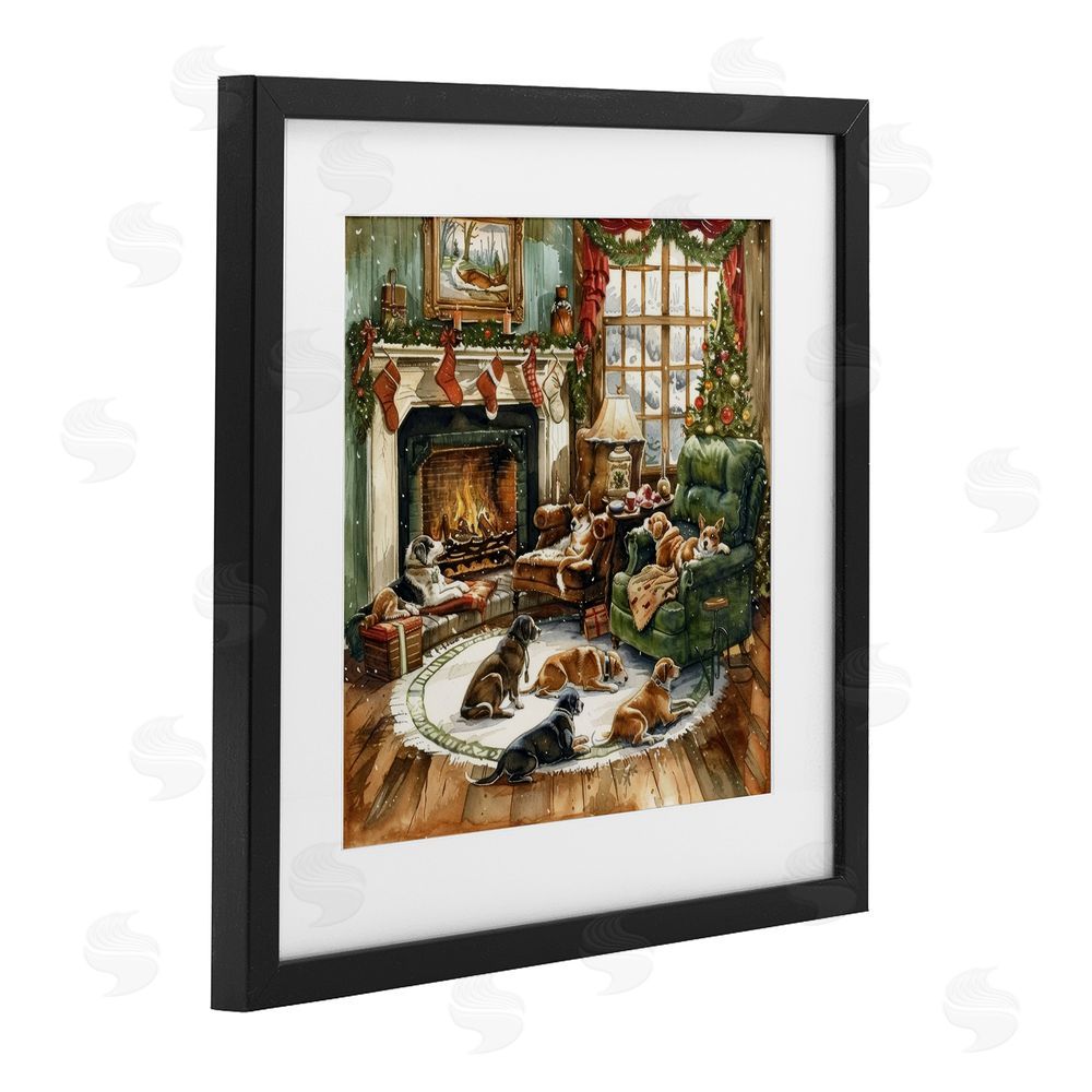 LSR Design Studio Dogs Around Christmas Fireplace Black Framed Print Under Glass with White Mat Wall Art
