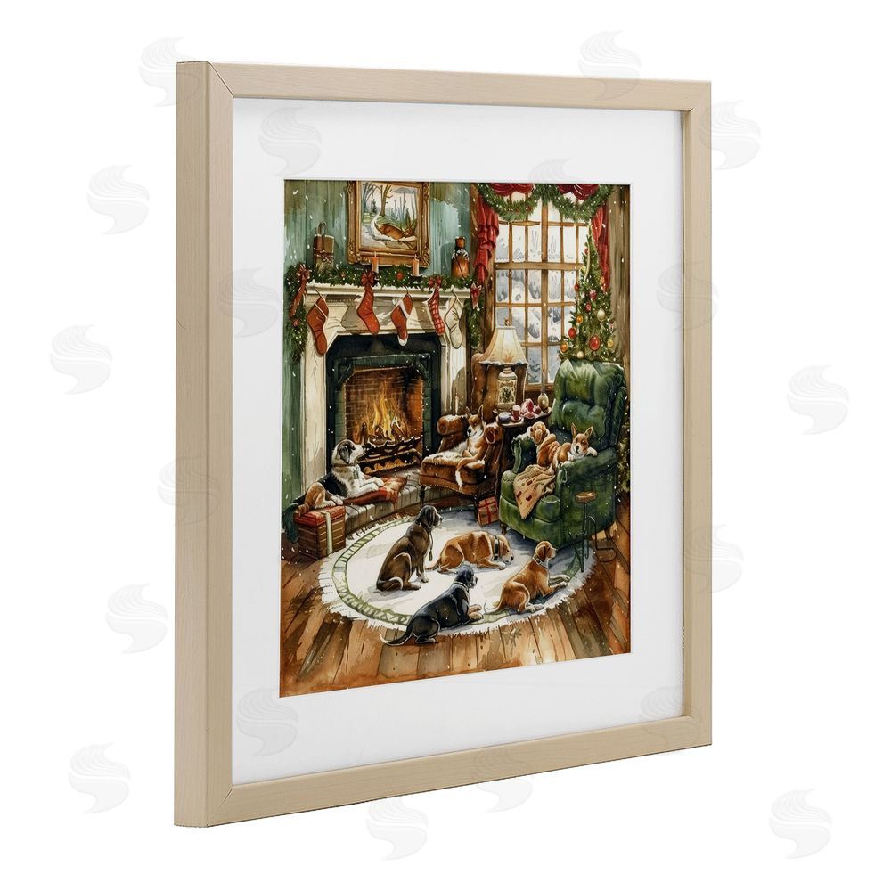 LSR Design Studio Dogs Around Christmas Fireplace Birch Framed Print Under Glass with White Mat Wall Art