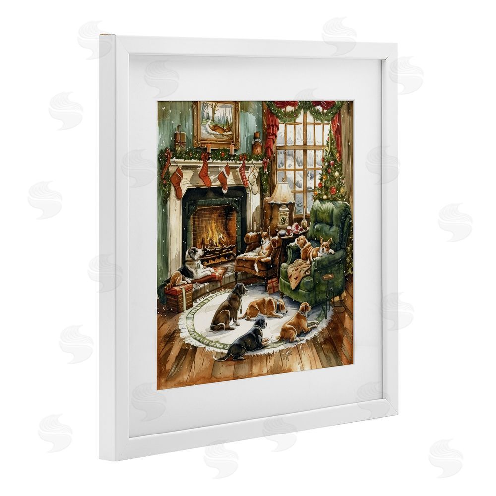 LSR Design Studio Dogs Around Christmas Fireplace White Framed Print Under Glass with Mat Wall Art