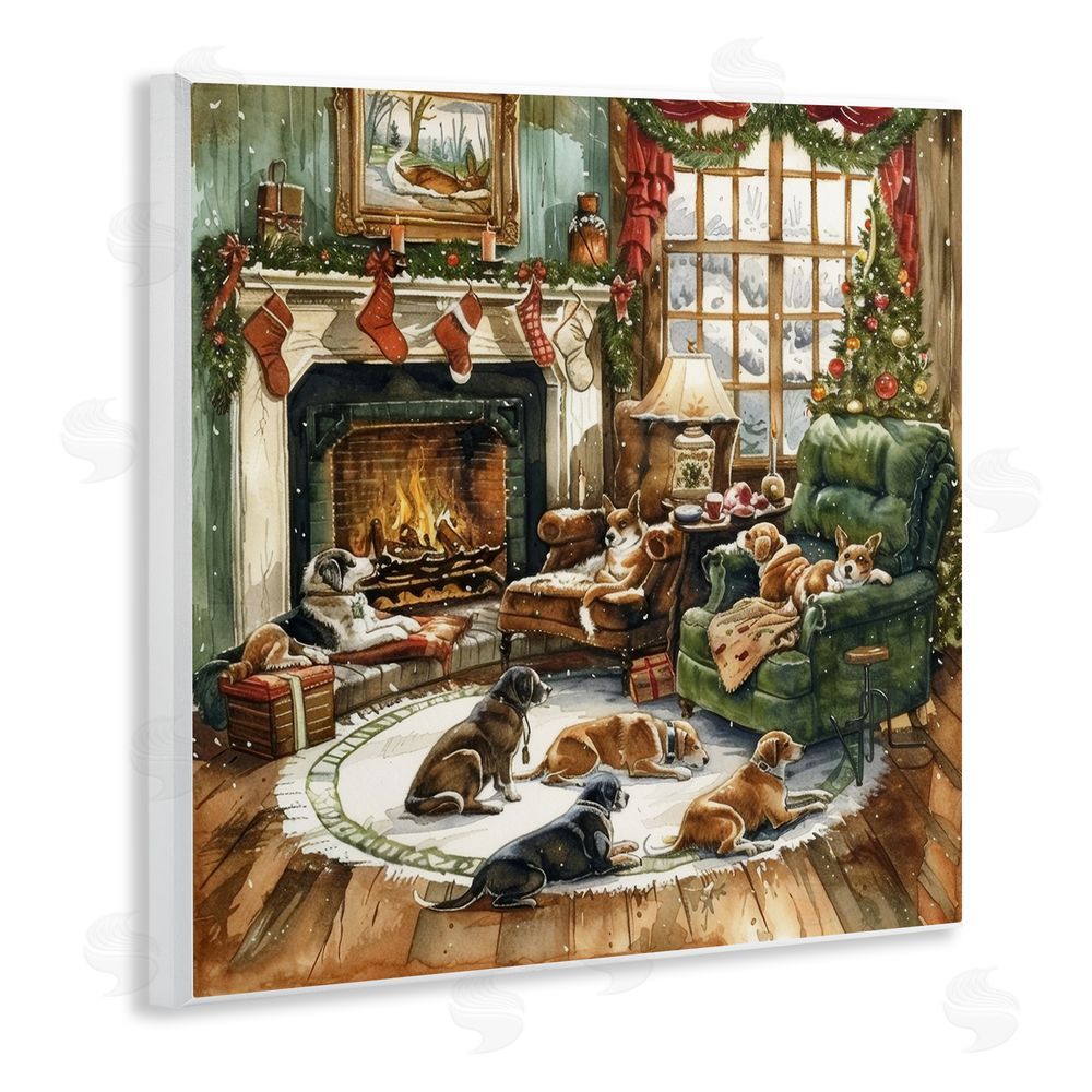 LSR Design Studio Dogs Around Christmas Fireplace Wall Plaque Art Print