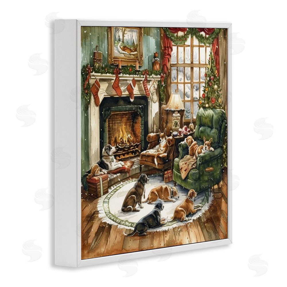 LSR Design Studio Dogs Around Christmas Fireplace White Framed Giclee Wall Art Print