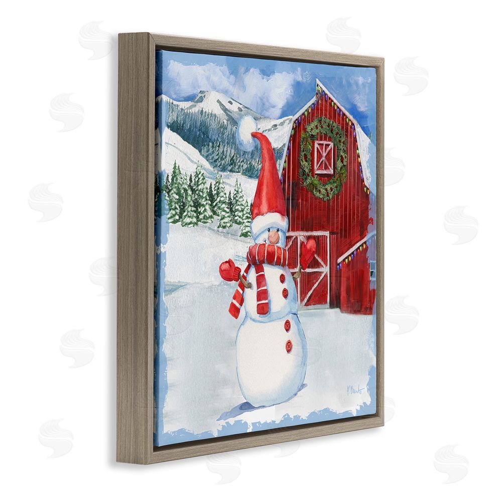 Paul Brent Frosty Barn Snowman Brown Floating Frame Canvas Wall Art Print
