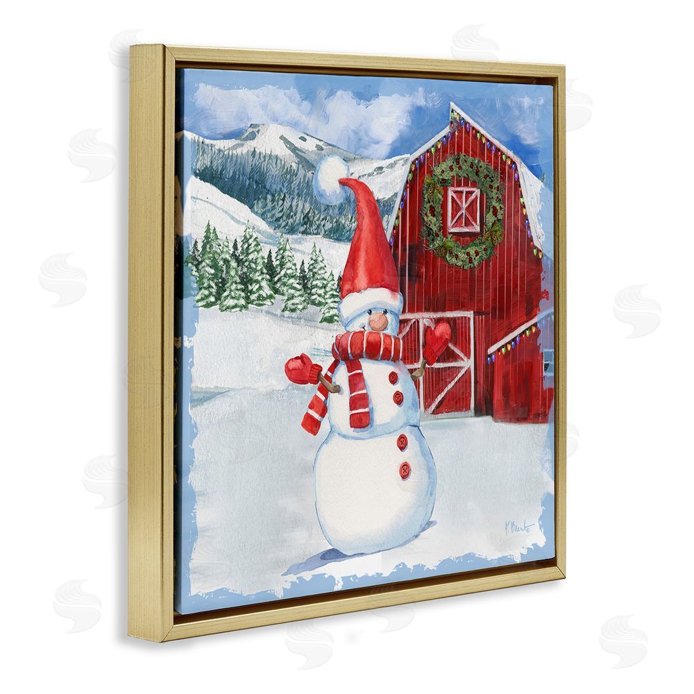 Paul Brent Frosty Barn Snowman Gold Floating Frame Canvas Wall Art Print