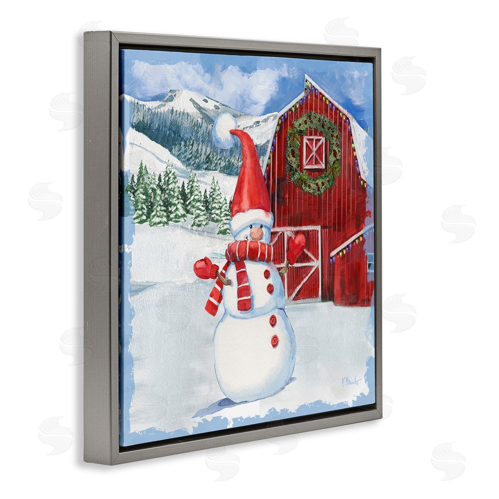 Paul Brent Frosty Barn Snowman Gray Floating Frame Canvas Wall Art Print
