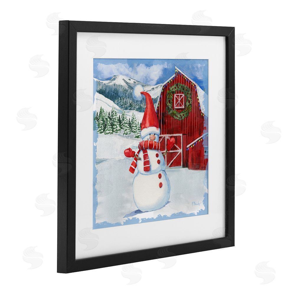 Paul Brent Frosty Barn Snowman Black Framed Print Under Glass with White Mat Wall Art
