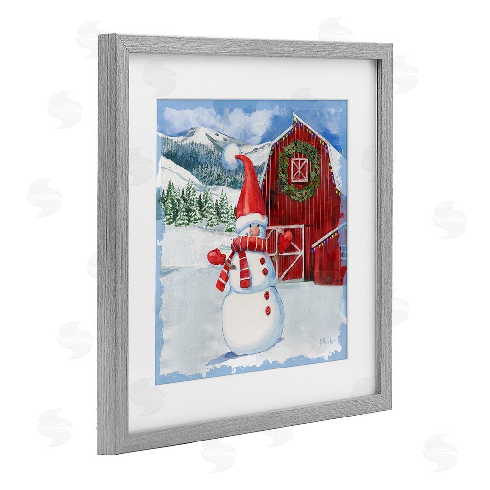 Paul Brent Frosty Barn Snowman Gray Framed Print Under Glass with White Mat Wall Art