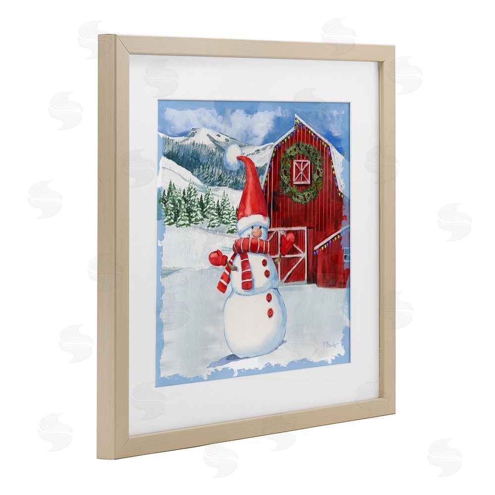 Paul Brent Frosty Barn Snowman Birch Framed Print Under Glass with White Mat Wall Art