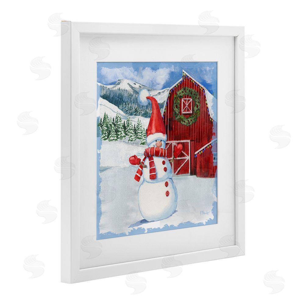 Paul Brent Frosty Barn Snowman White Framed Print Under Glass with Mat Wall Art