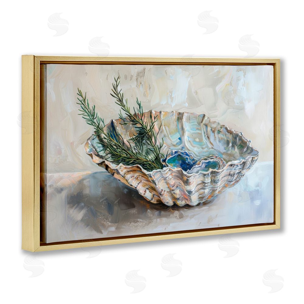 Petal Prints Design Coastal Christmas Shell & Fir Gold Floating Frame Canvas Wall Art Print