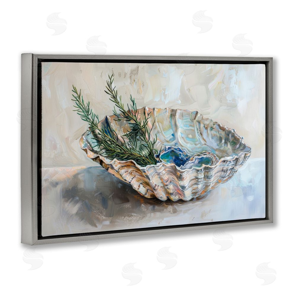 Petal Prints Design Coastal Christmas Shell & Fir Gray Floating Frame Canvas Wall Art Print