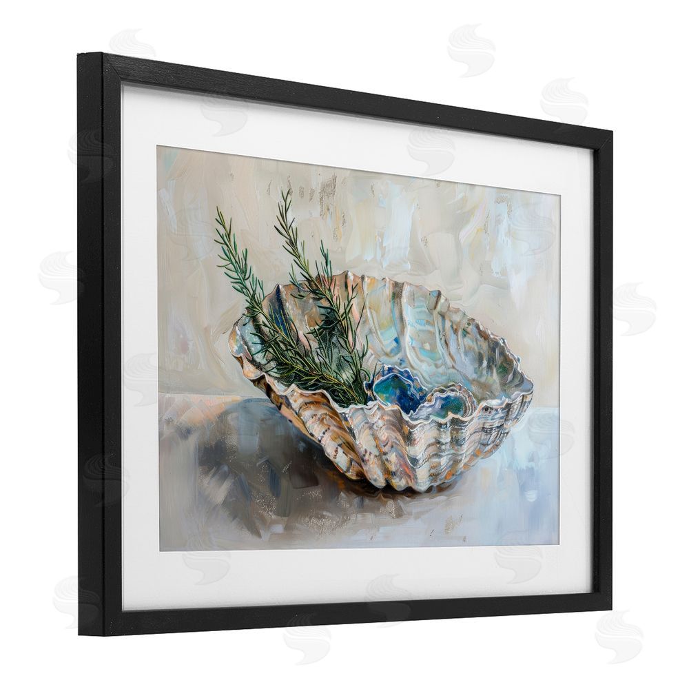 Petal Prints Design Coastal Christmas Shell & Fir Black Framed Print Under Glass with White Mat Wall Art