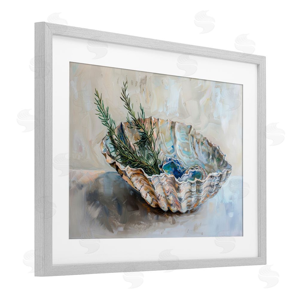 Petal Prints Design Coastal Christmas Shell & Fir Gray Framed Print Under Glass with White Mat Wall Art