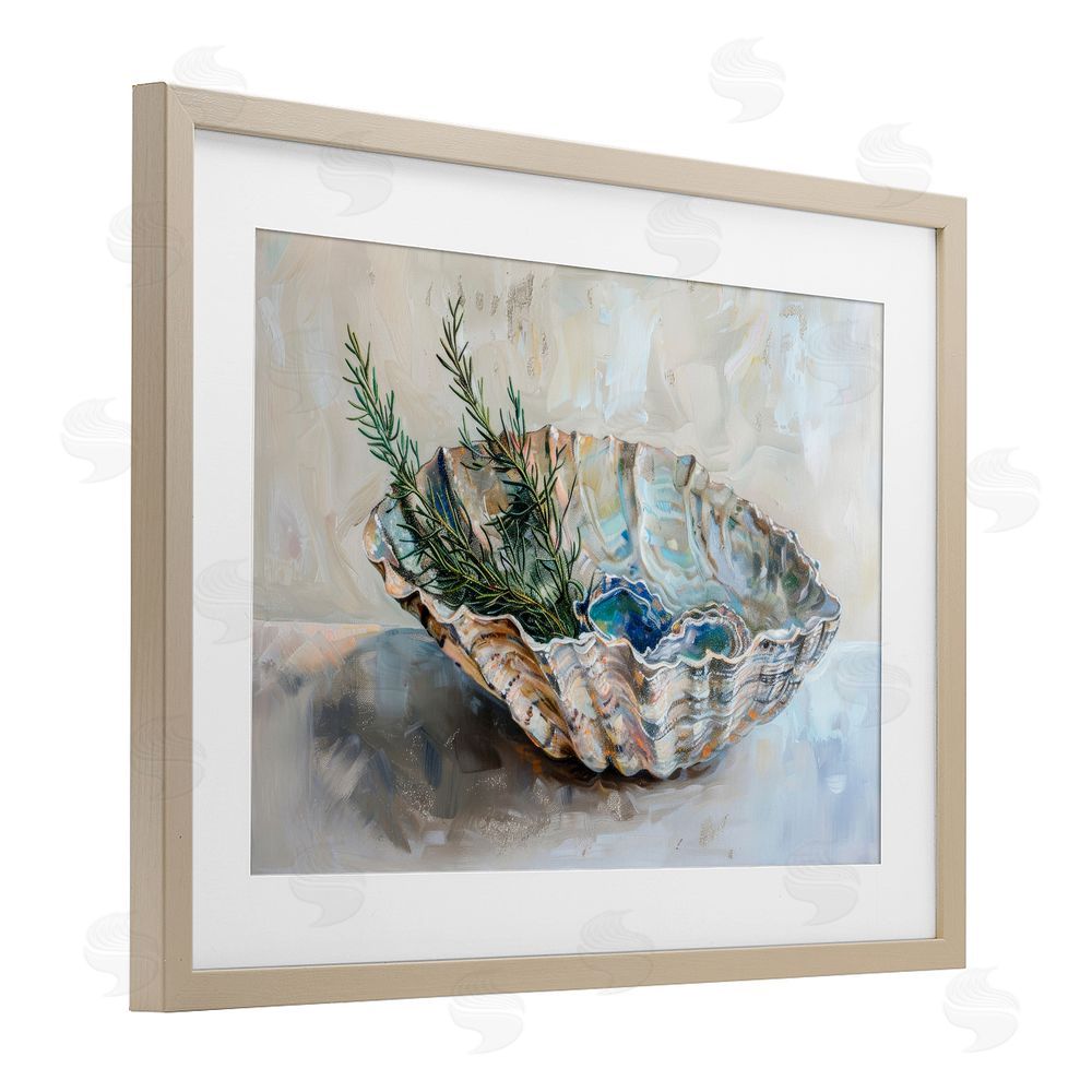 Petal Prints Design Coastal Christmas Shell & Fir Birch Framed Print Under Glass with White Mat Wall Art