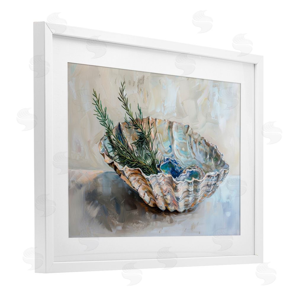 Petal Prints Design Coastal Christmas Shell & Fir White Framed Print Under Glass with Mat Wall Art