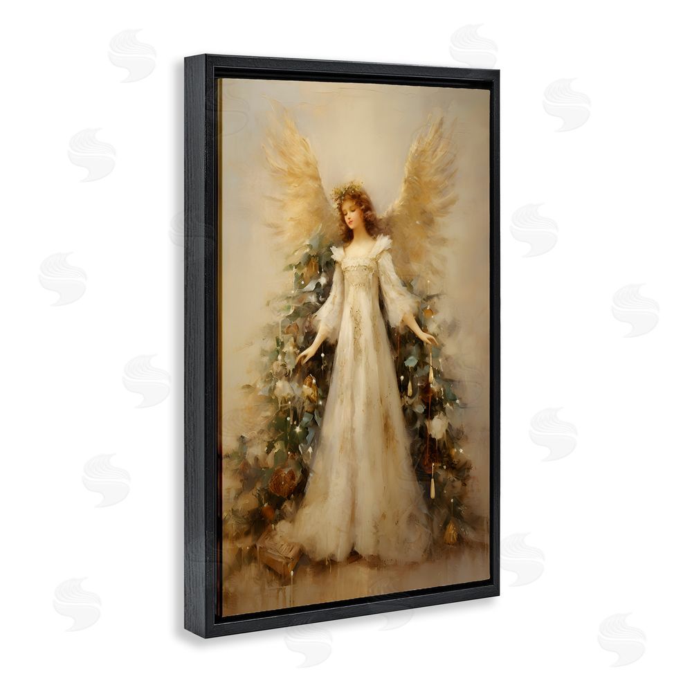 Petal Prints Design Ethereal Holiday Angel Black Floating Frame Canvas Wall Art Print