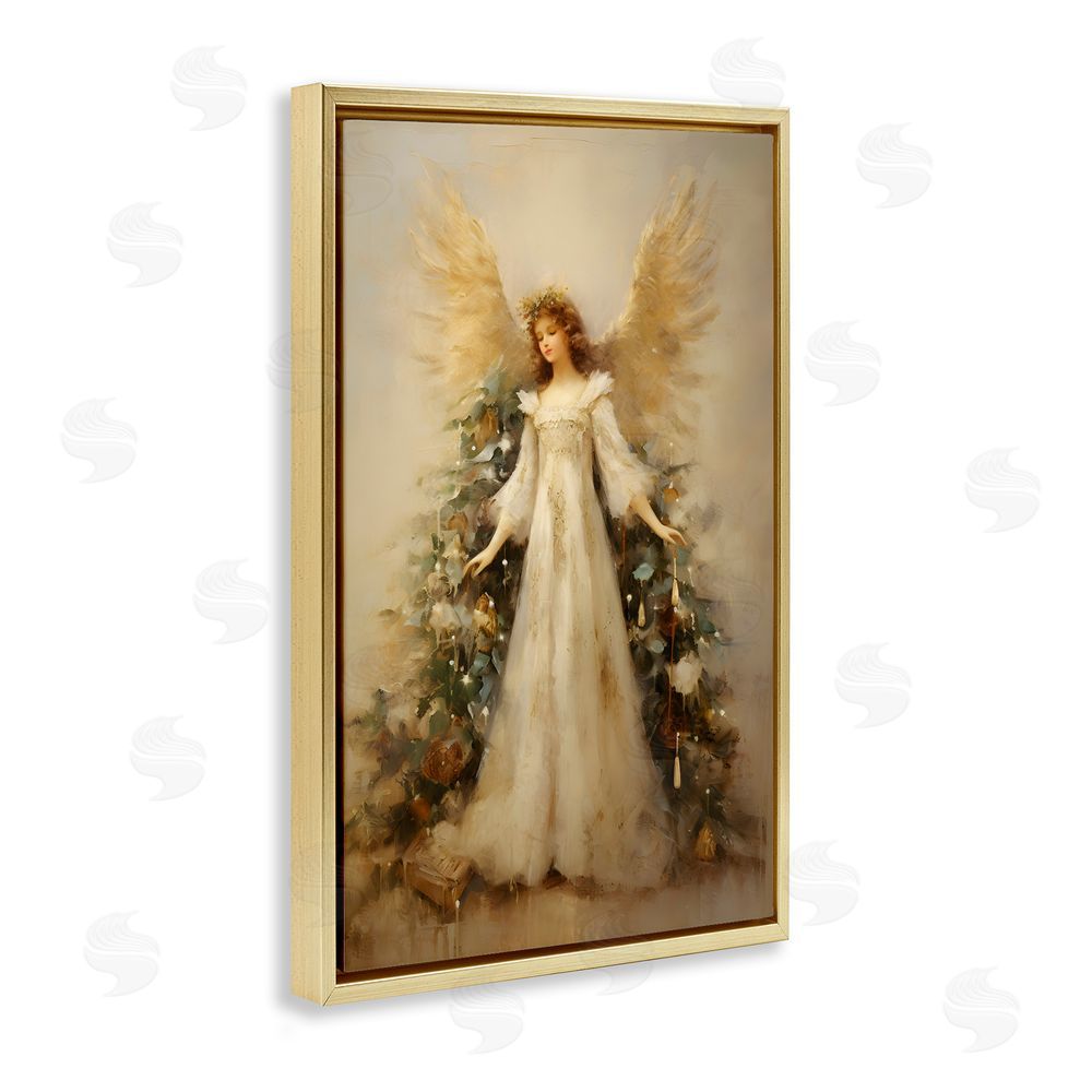 Petal Prints Design Ethereal Holiday Angel Gold Floating Frame Canvas Wall Art Print