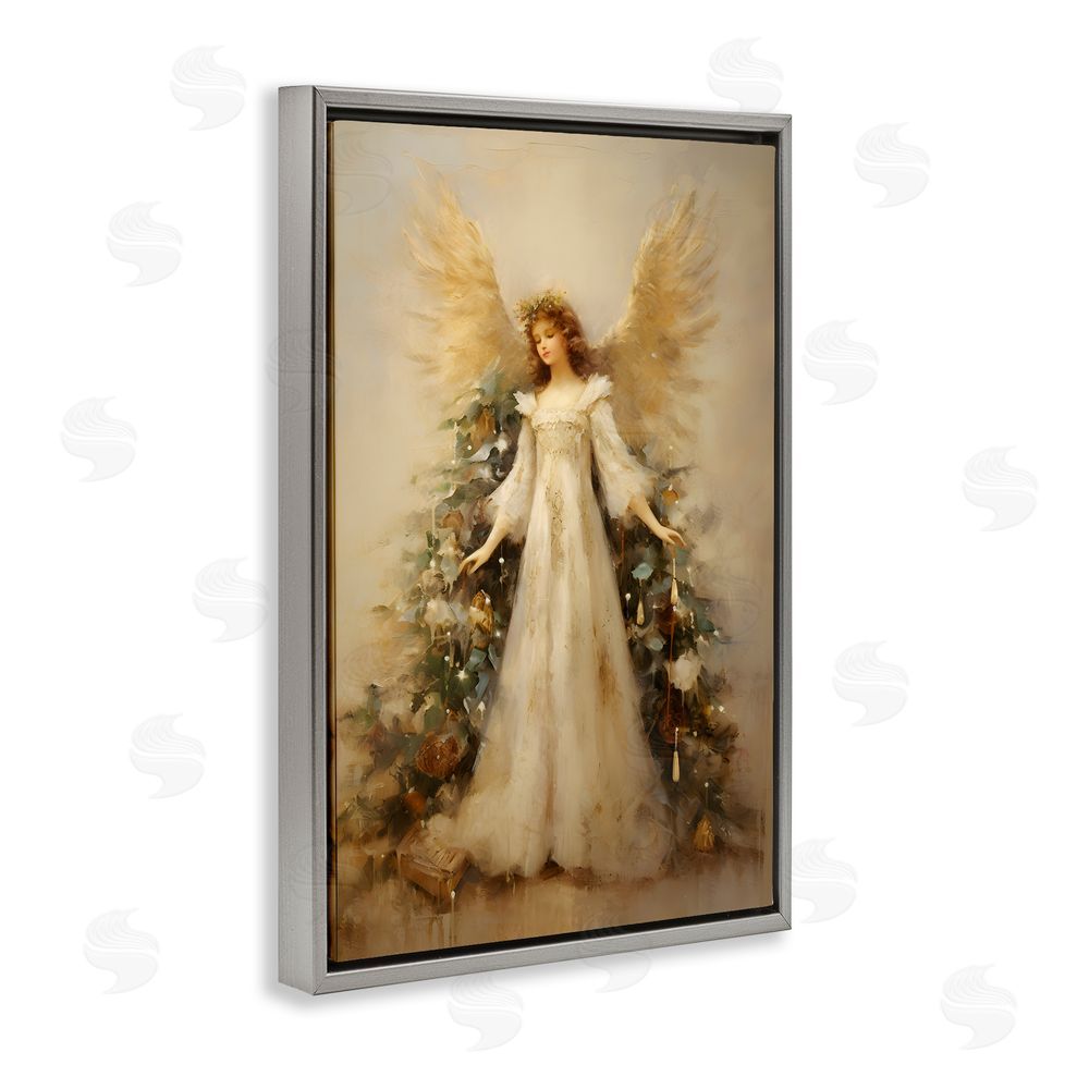 Petal Prints Design Ethereal Holiday Angel Gray Floating Frame Canvas Wall Art Print