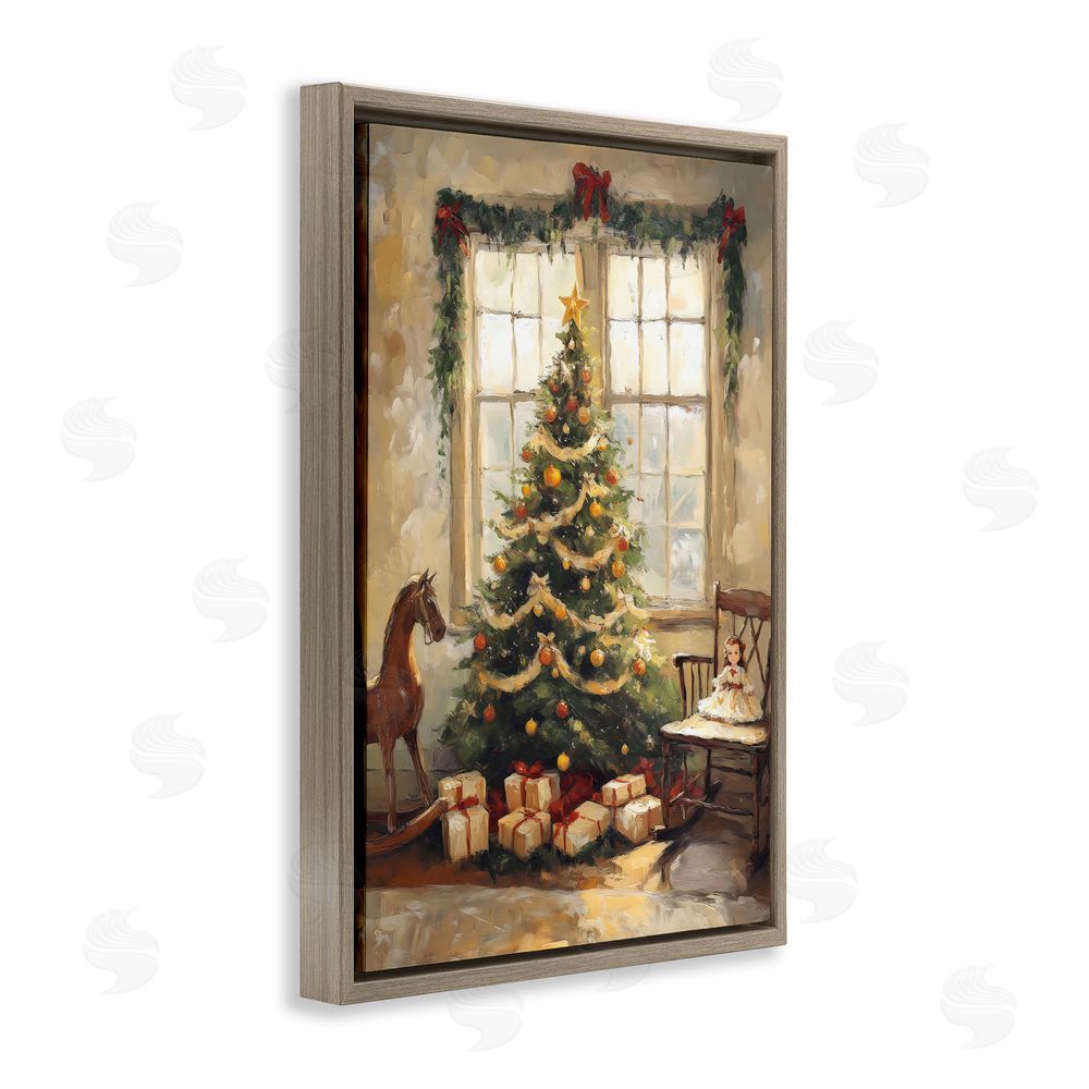 Petal Prints Design Christmas Morning Window View Brown Floating Frame Canvas Wall Art Print