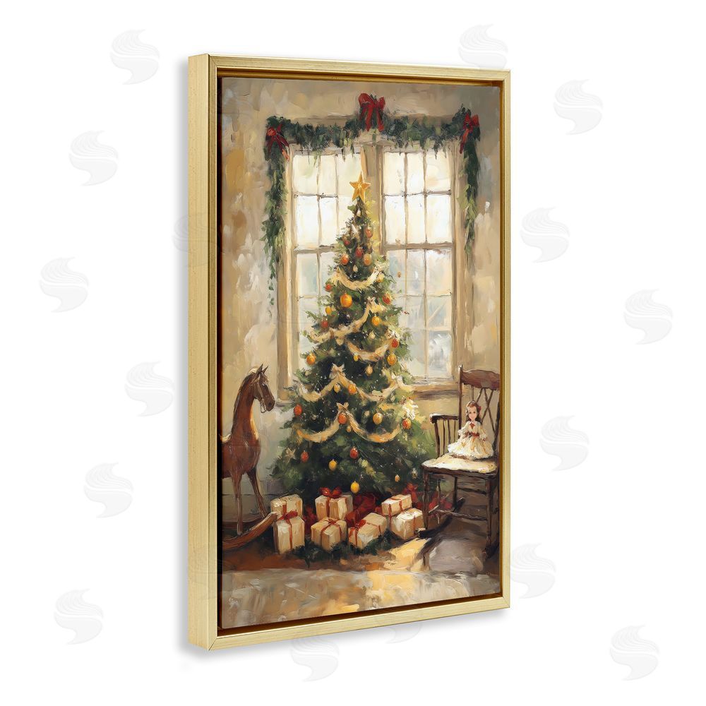 Petal Prints Design Christmas Morning Window View Gold Floating Frame Canvas Wall Art Print