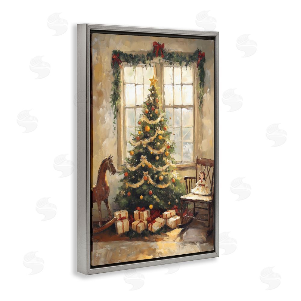 Petal Prints Design Christmas Morning Window View Gray Floating Frame Canvas Wall Art Print