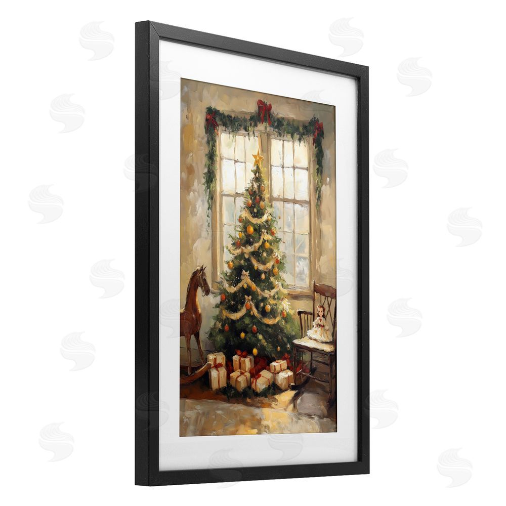 Petal Prints Design Christmas Morning Window View Black Framed Print Under Glass with White Mat Wall Art