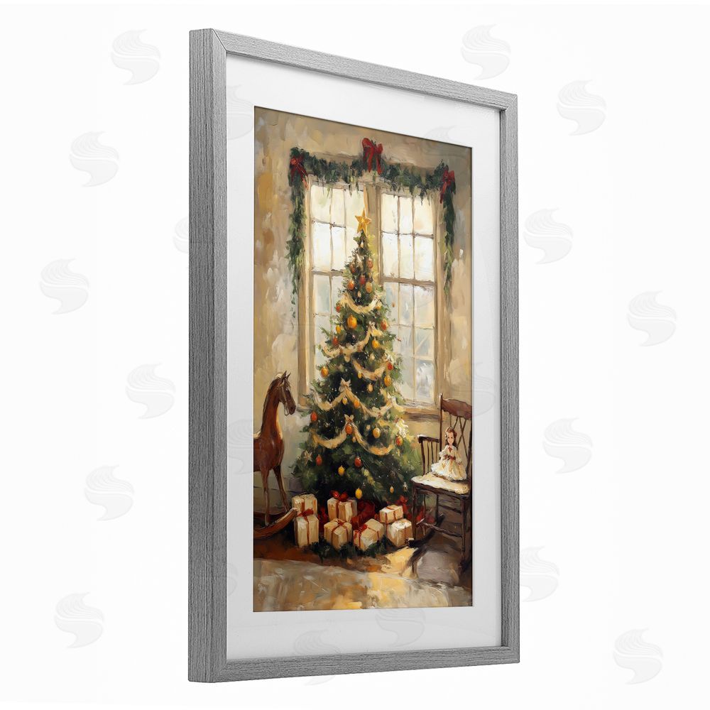 Petal Prints Design Christmas Morning Window View Gray Framed Print Under Glass with White Mat Wall Art