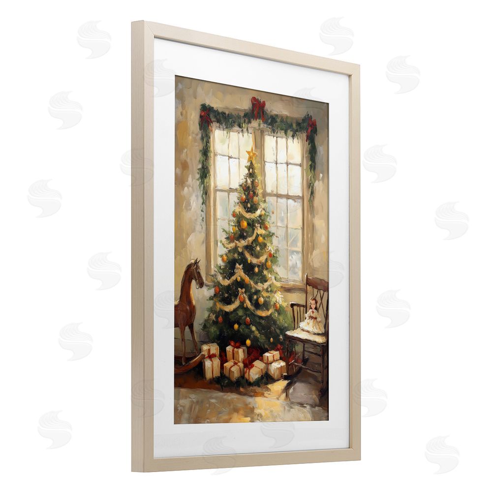 Petal Prints Design Christmas Morning Window View Birch Framed Print Under Glass with White Mat Wall Art
