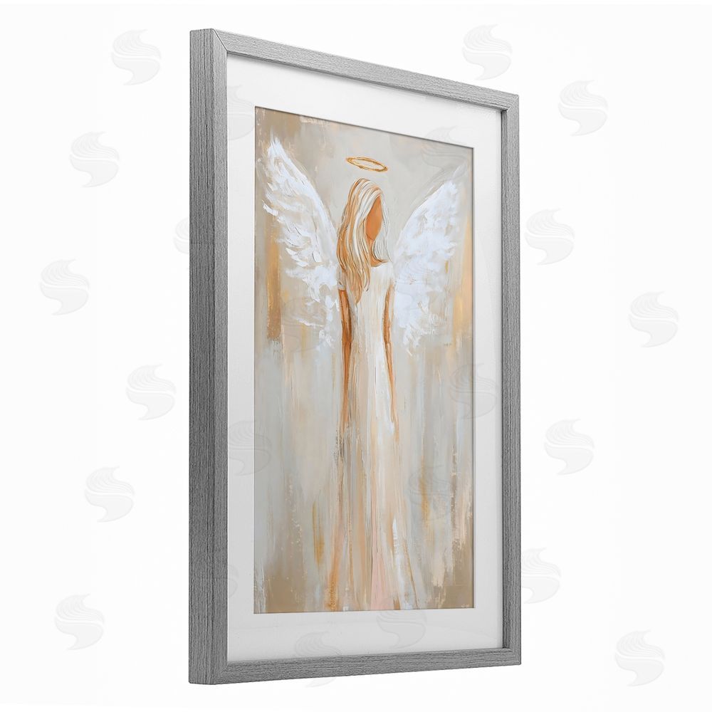 Petal Prints Design Guardian Angel Portrait Gray Framed Print Under Glass with White Mat Wall Art