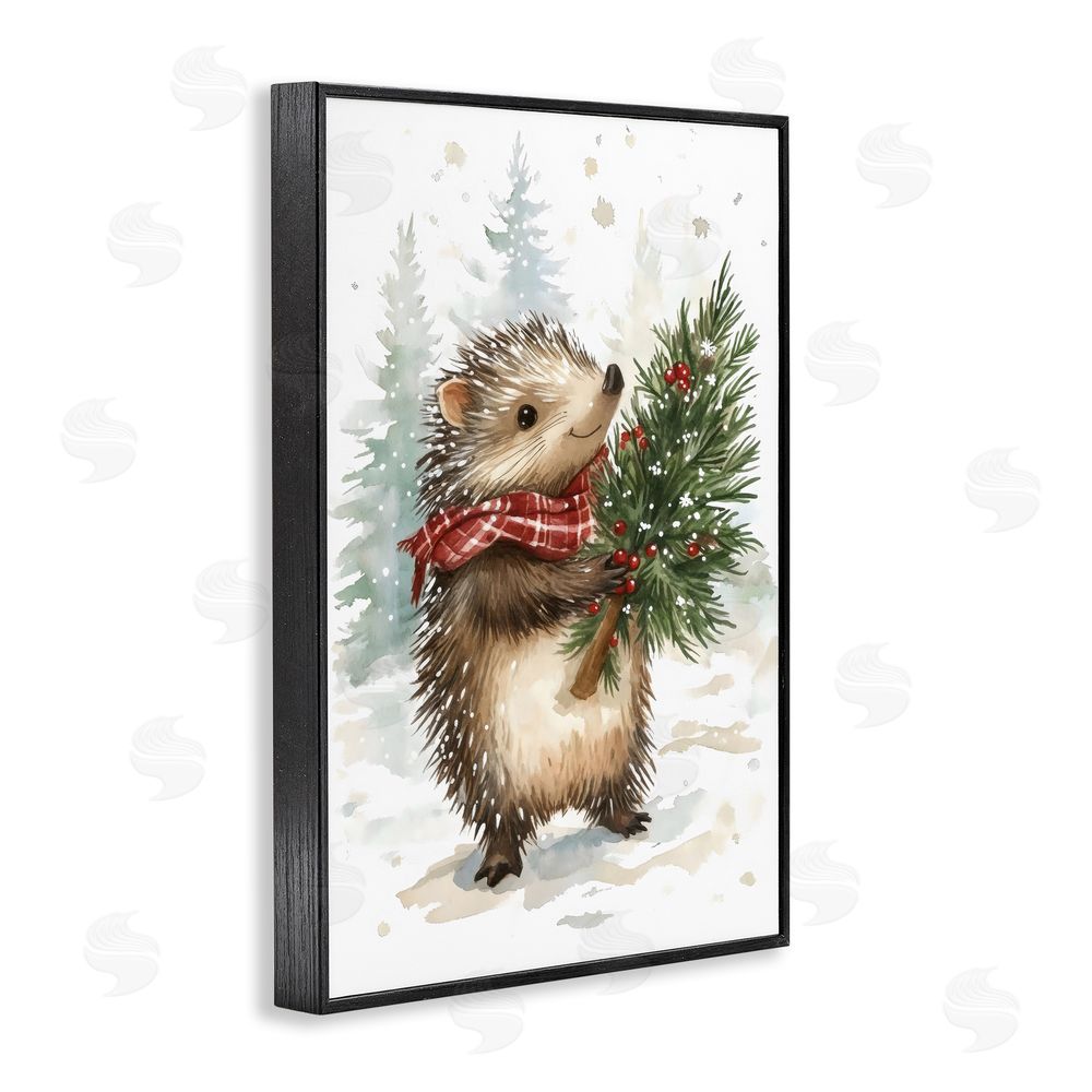 Petal Prints Design Christmas Hedgehog & Pine Black Framed Giclee Wall Art Print