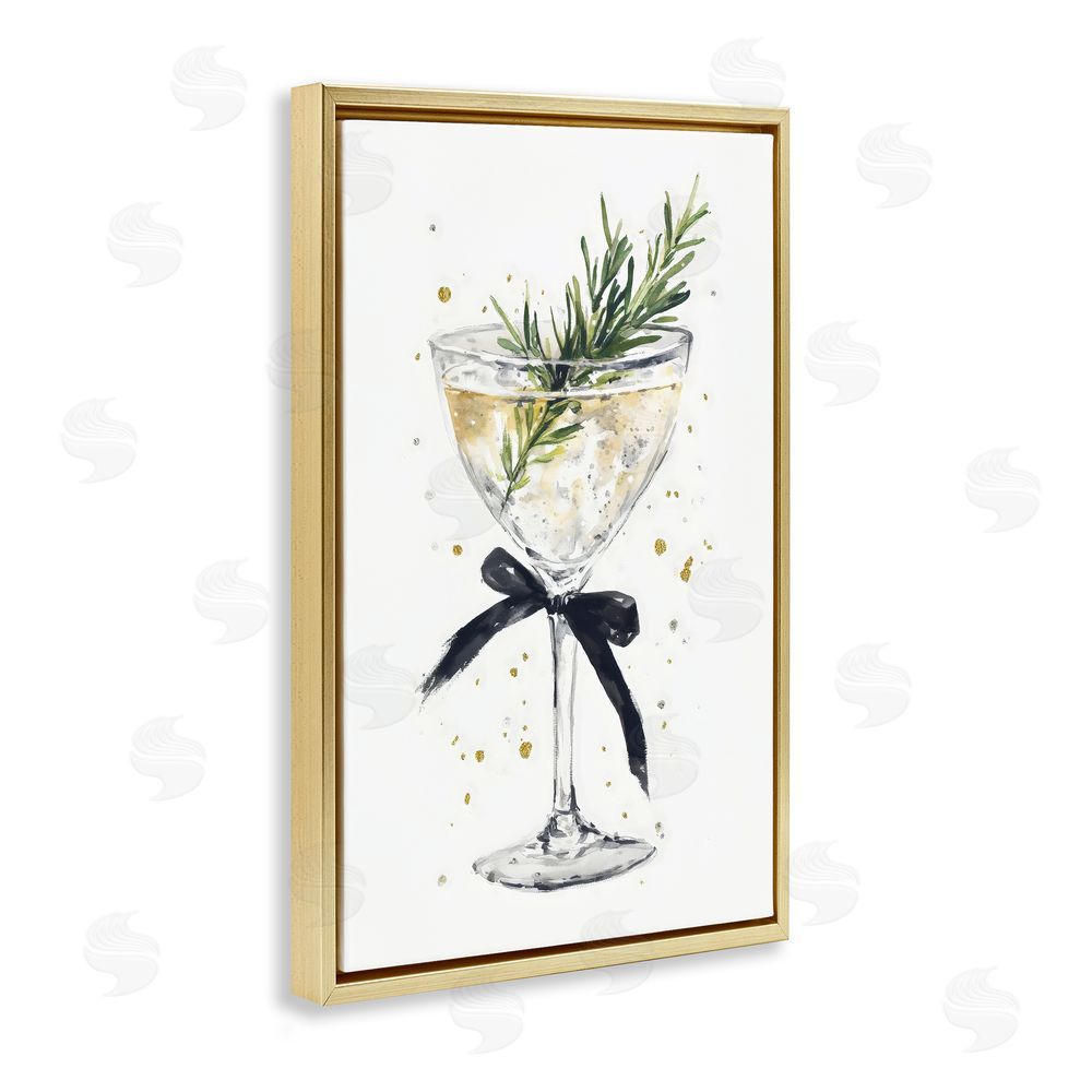 Petal Prints Design Christmas Cocktail with Fir Sprig Gold Floating Frame Canvas Wall Art Print