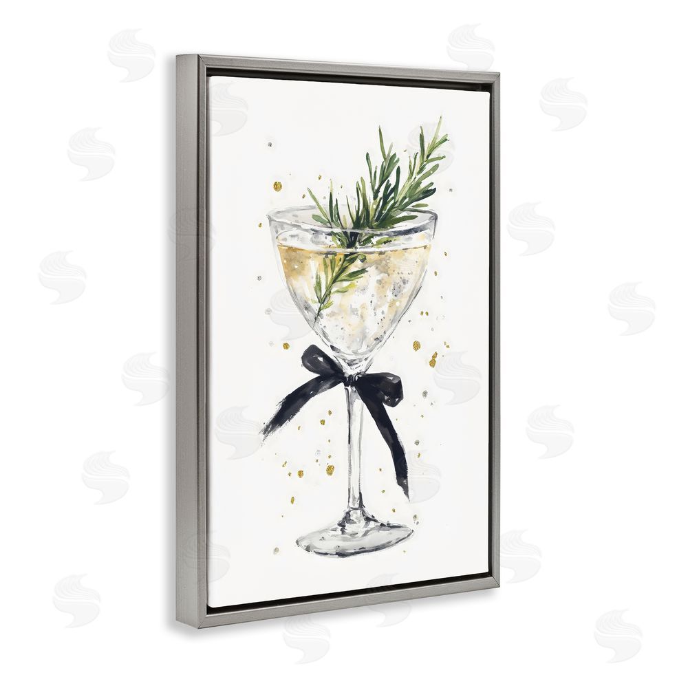 Petal Prints Design Christmas Cocktail with Fir Sprig Gray Floating Frame Canvas Wall Art Print