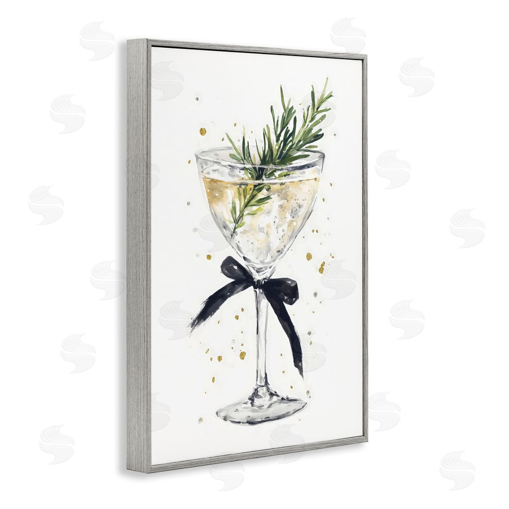 Petal Prints Design Christmas Cocktail with Fir Sprig Gray Framed Giclee Wall Art Print