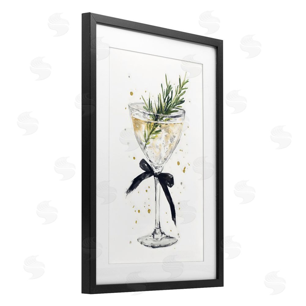Petal Prints Design Christmas Cocktail with Fir Sprig Black Framed Print Under Glass with White Mat Wall Art