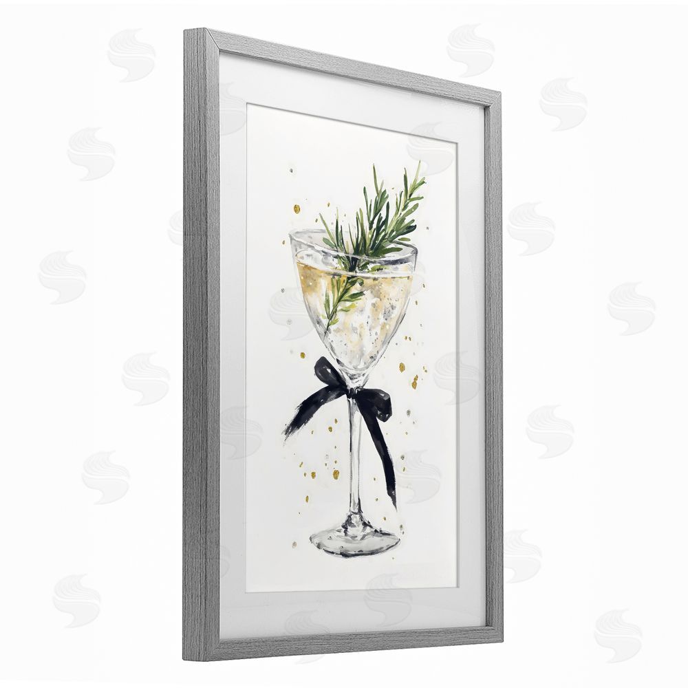 Petal Prints Design Christmas Cocktail with Fir Sprig Gray Framed Print Under Glass with White Mat Wall Art