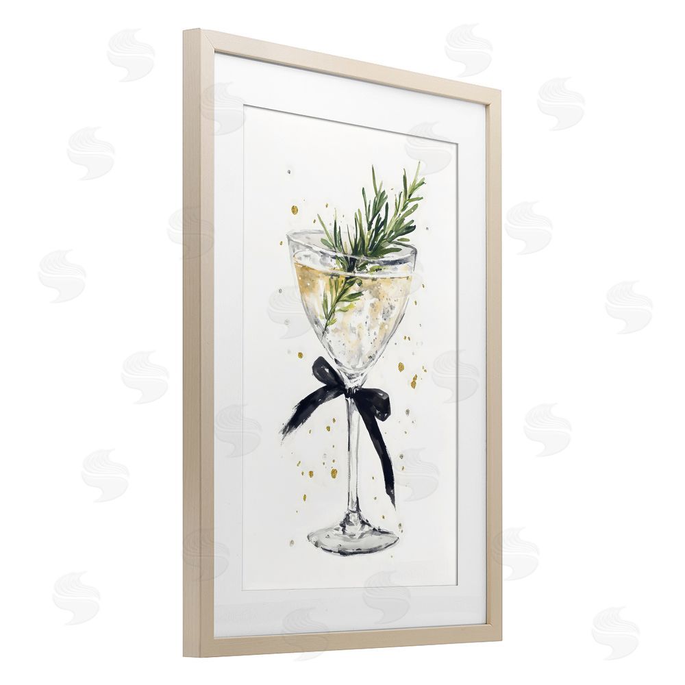 Petal Prints Design Christmas Cocktail with Fir Sprig Birch Framed Print Under Glass with White Mat Wall Art