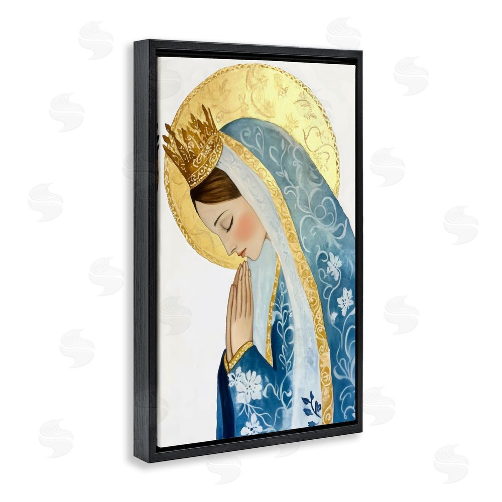 Petal Prints Design Mother Mary Religious Portrait Black Floating Frame Canvas Wall Art Print