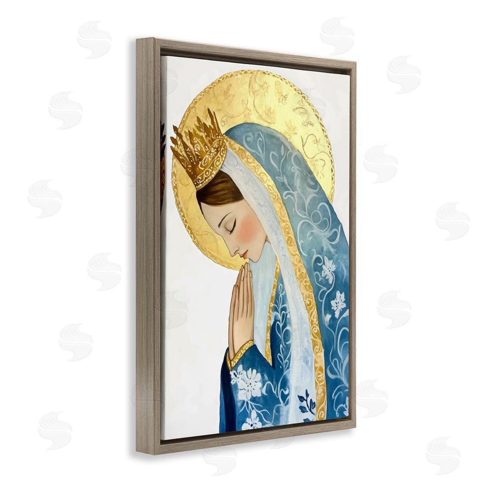 Petal Prints Design Mother Mary Religious Portrait Brown Floating Frame Canvas Wall Art Print