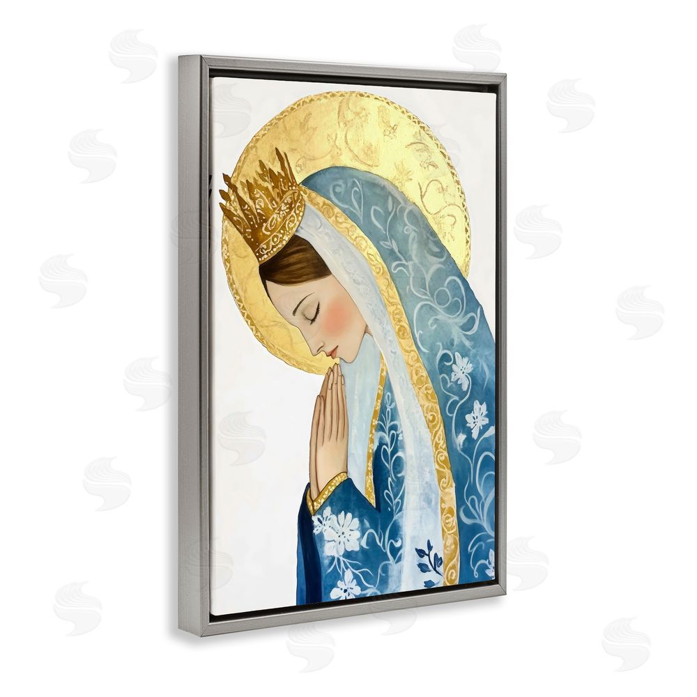 Petal Prints Design Mother Mary Religious Portrait Gray Floating Frame Canvas Wall Art Print