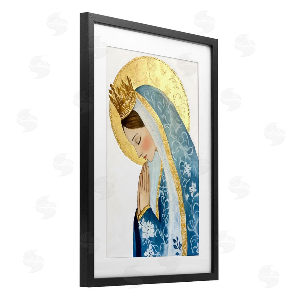Petal Prints Design Mother Mary Religious Portrait Black Framed Print Under Glass with White Mat Wall Art