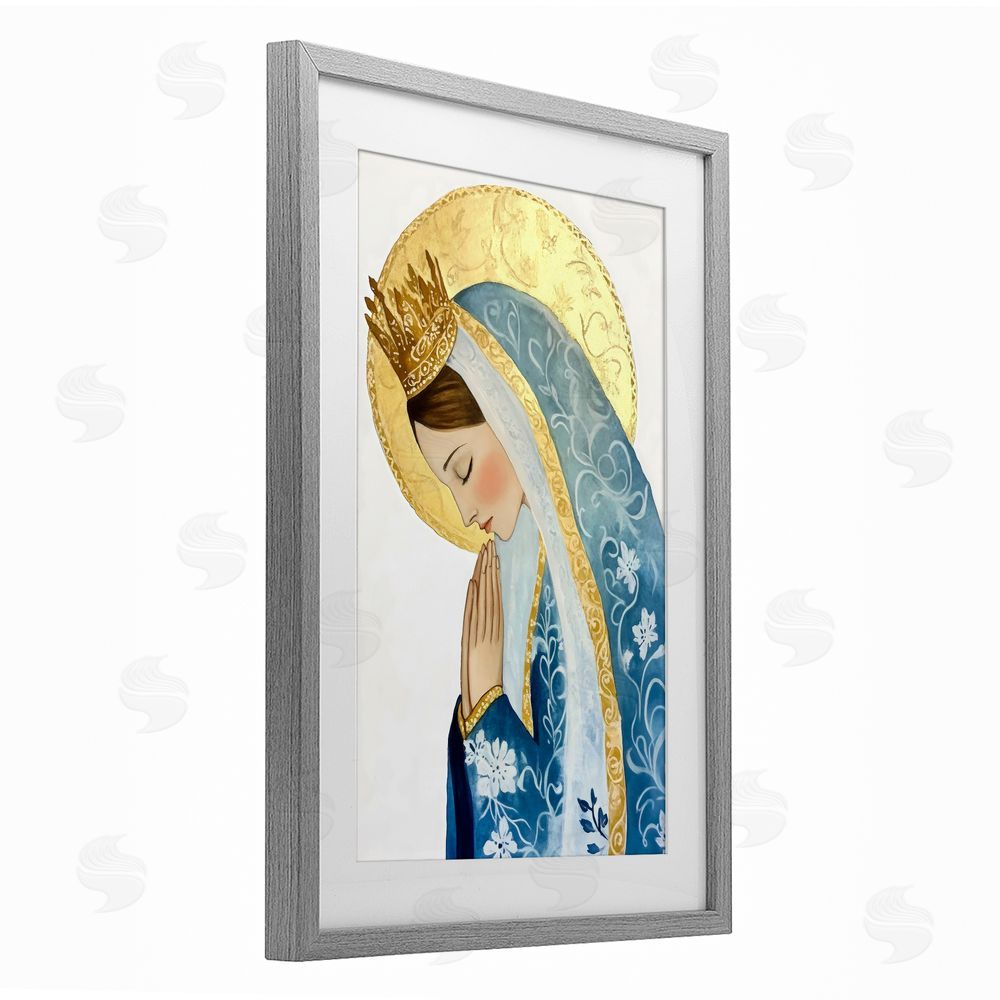 Petal Prints Design Mother Mary Religious Portrait Gray Framed Print Under Glass with White Mat Wall Art