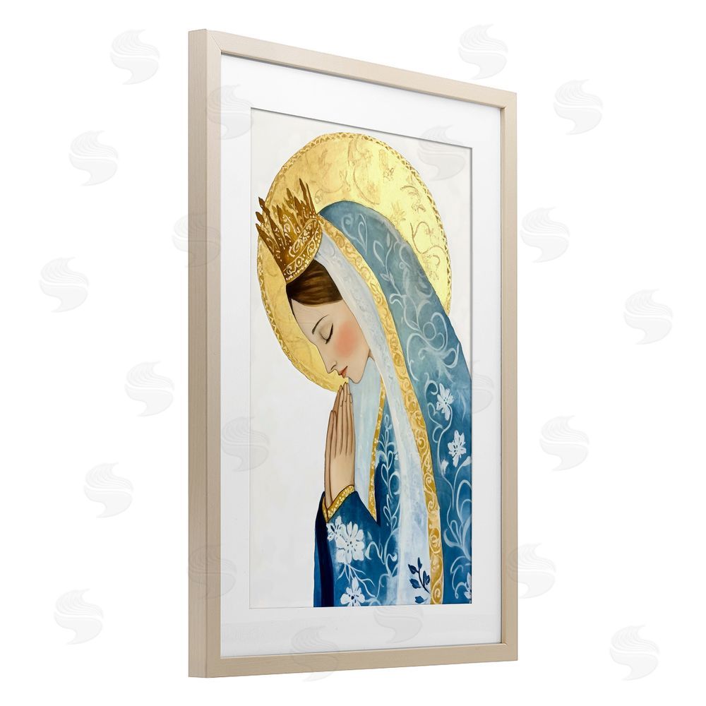Petal Prints Design Mother Mary Religious Portrait Birch Framed Print Under Glass with White Mat Wall Art
