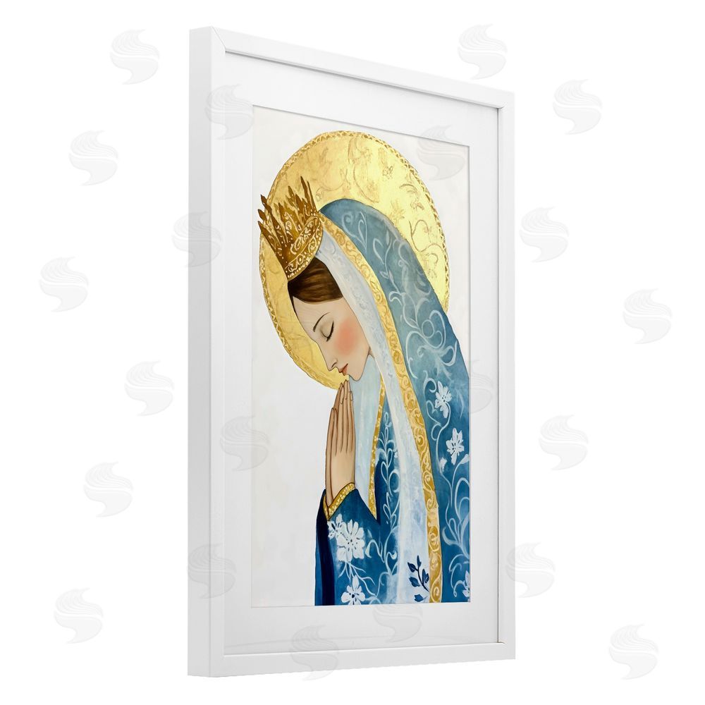 Petal Prints Design Mother Mary Religious Portrait White Framed Print Under Glass with Mat Wall Art
