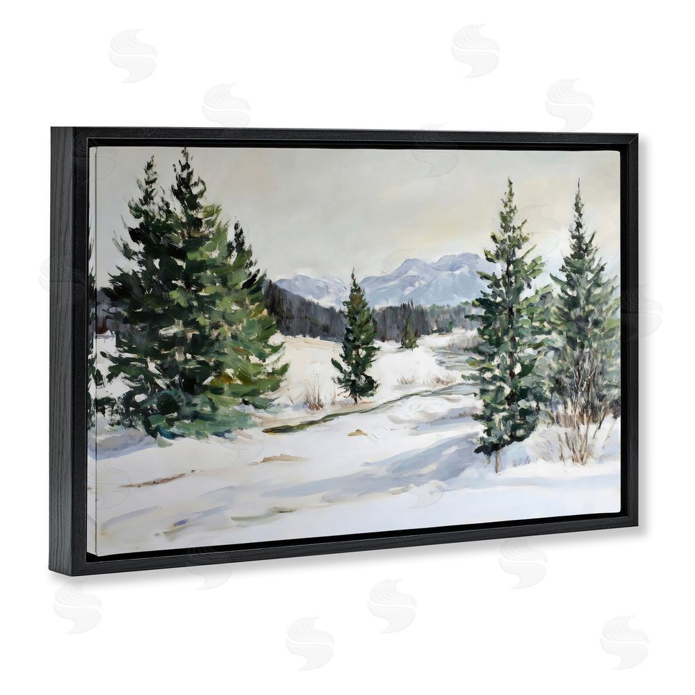 Petal Prints Design Winter Forest Frosty Hills Black Floating Frame Canvas Wall Art Print
